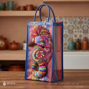 Traditional Mexican Mercado Tote Bag – Sea horse Reusable Plastic Market Bag